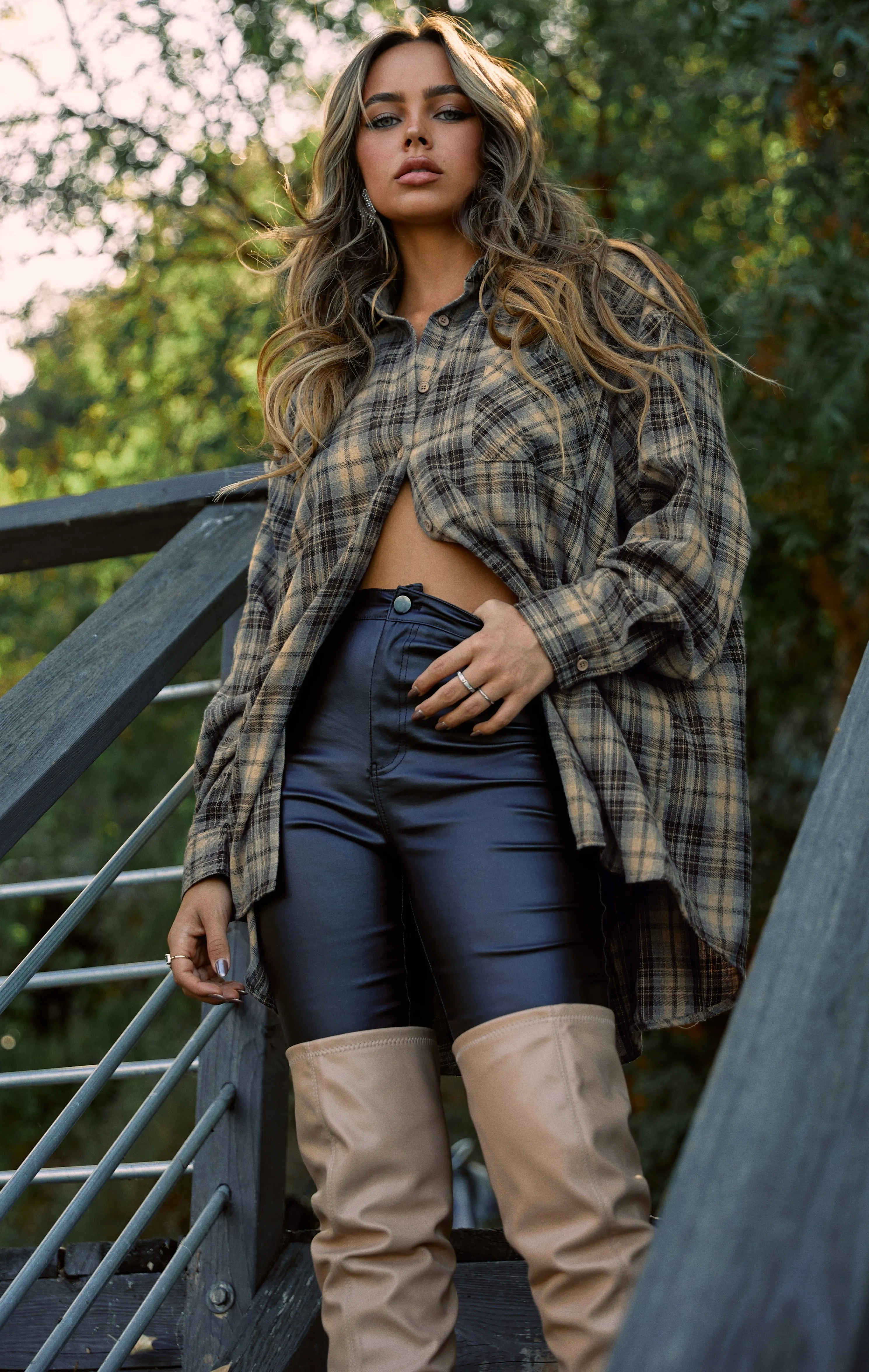 Aurina Oversized Plaid Shirt - Nude