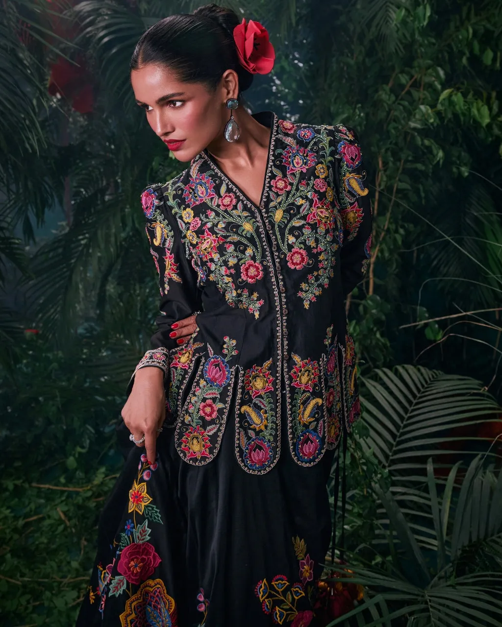 Black Floral Embroidered Layered Lehenga Set