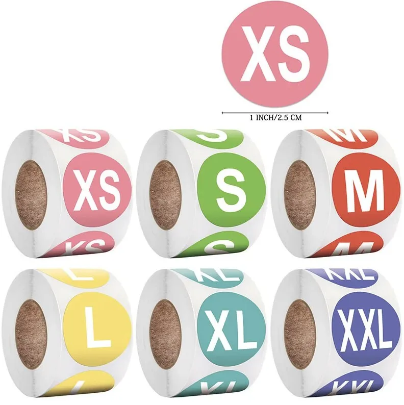 Clothing Size Stickers, Size Labels, Size Stickers, Colorful Small Stickers, Clothing Size Round Sticker Labels, T-shirt XS S M L XL XXL