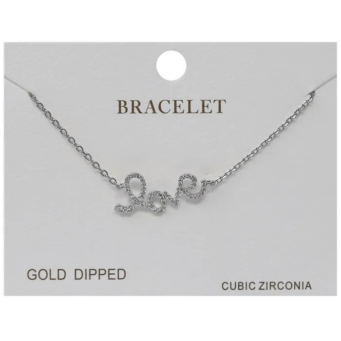 CZ Pave LOVE Script Charm Delicate Chain Bracelet