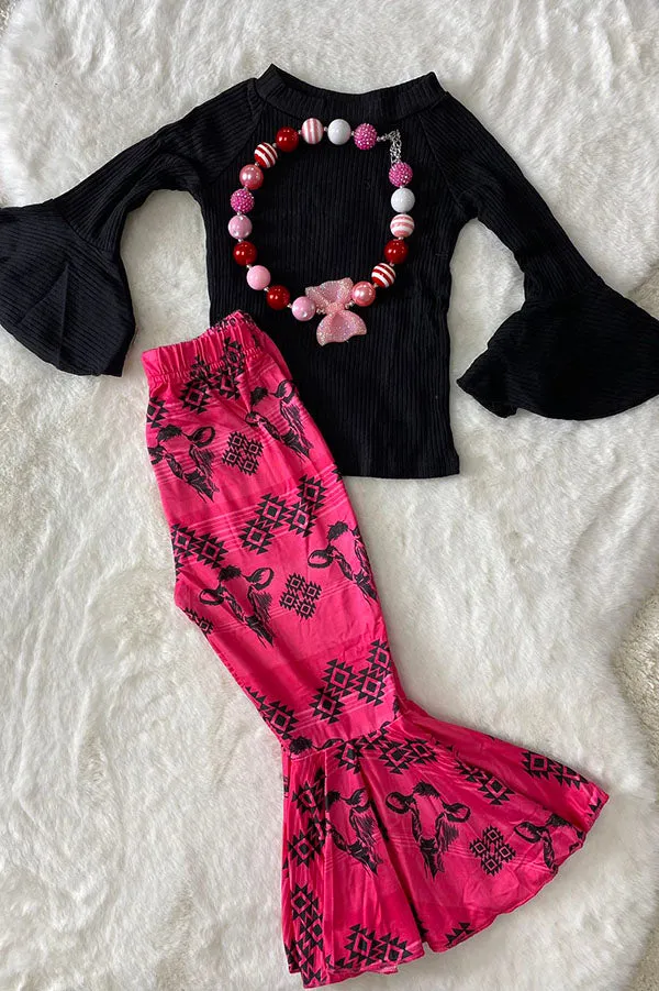 DLH2557 Solid black long sleeve top bull & aztec printed bell bottom 2pc girls sets