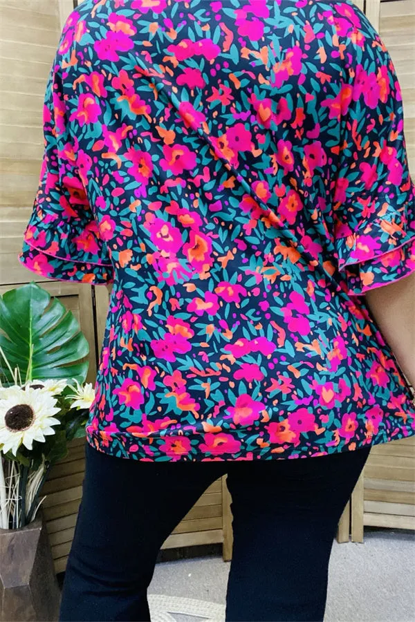 GJQ15596 Floral printed ruffle bell sleeve women top