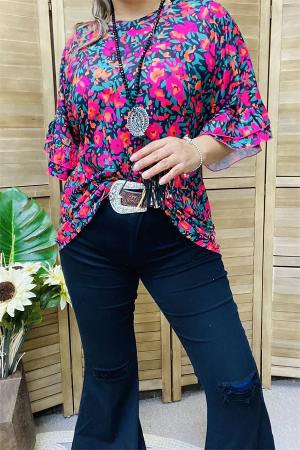 GJQ15596 Floral printed ruffle bell sleeve women top