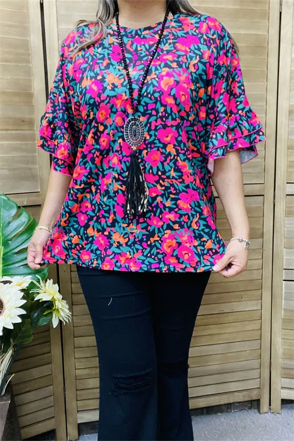 GJQ15596 Floral printed ruffle bell sleeve women top