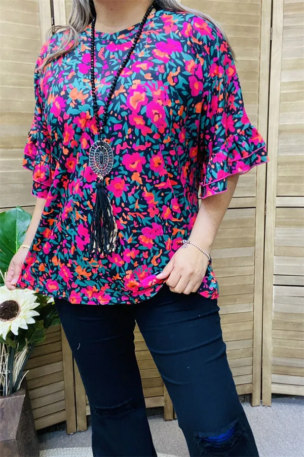 GJQ15596 Floral printed ruffle bell sleeve women top