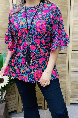 GJQ15596 Floral printed ruffle bell sleeve women top