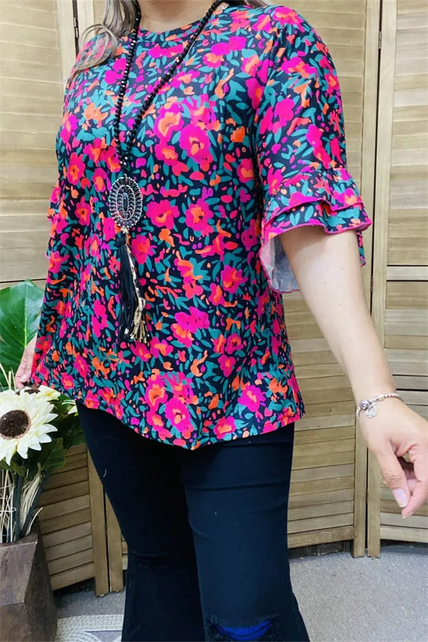 GJQ15596 Floral printed ruffle bell sleeve women top