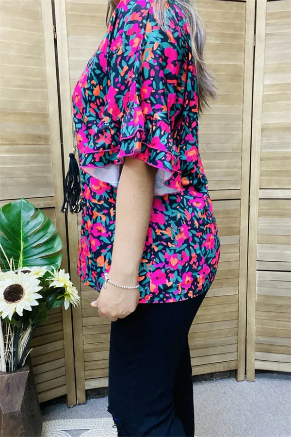 GJQ15596 Floral printed ruffle bell sleeve women top