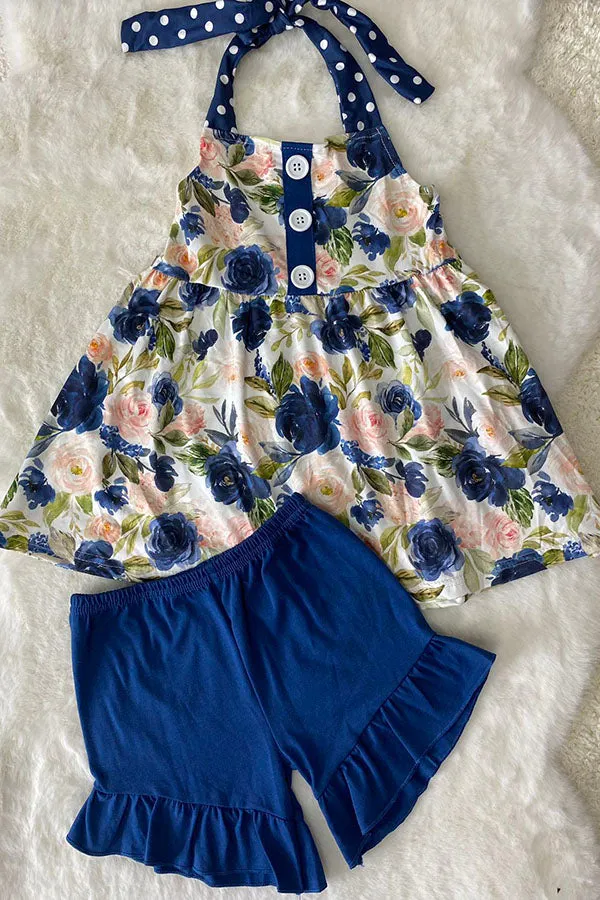 LC0018 (A3S9) BLUE FLORAL printed girl top & shorts girls sets
