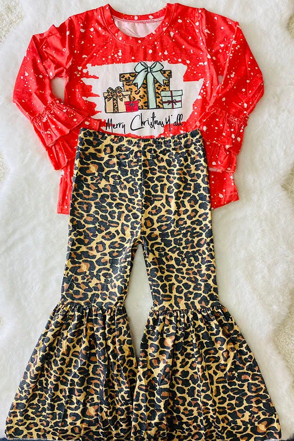 Merry Christmas y'all coral leopard printed girl set DLH0923-18